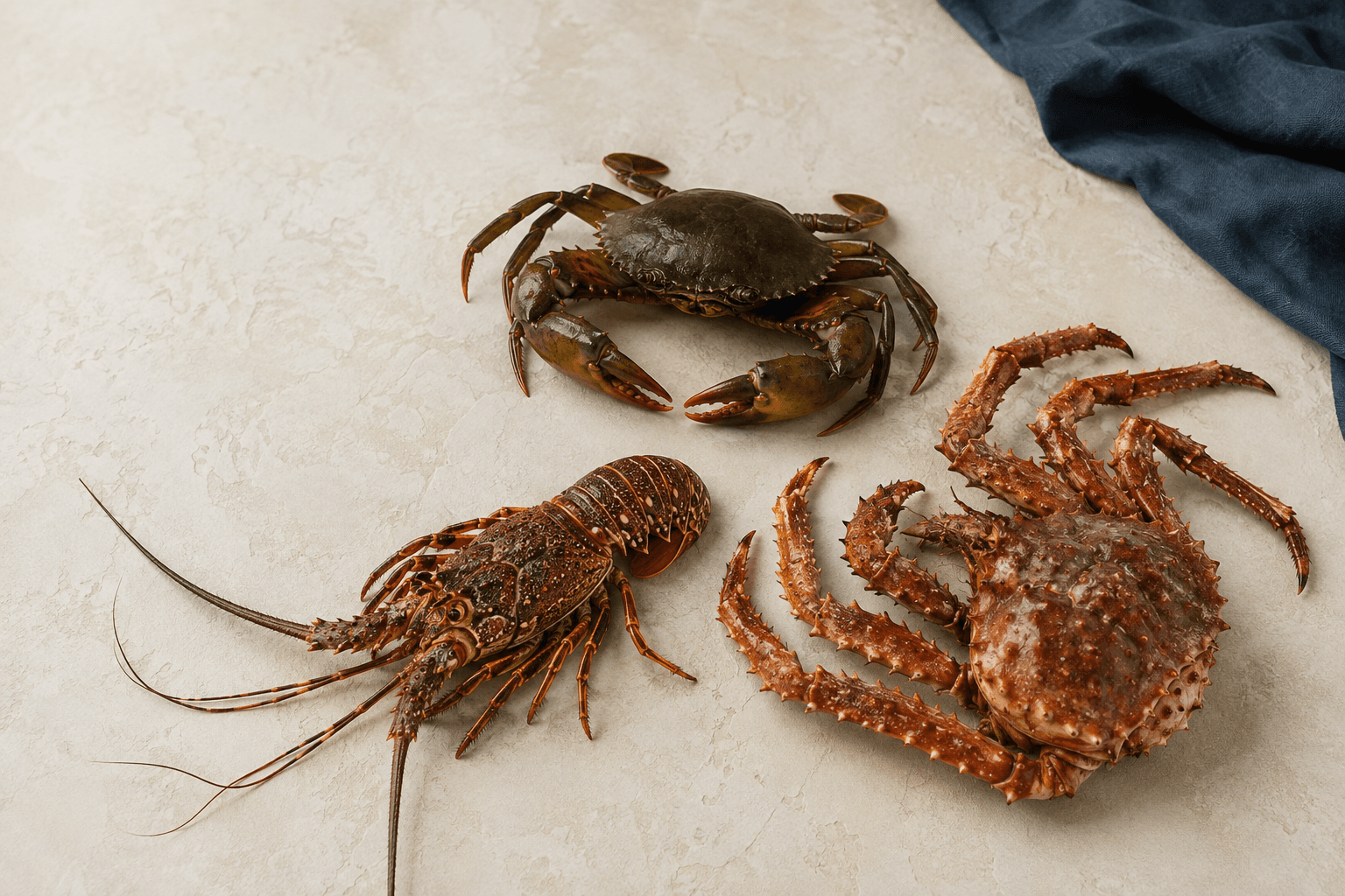 A mud crab, tropical lobster and king crab on a cream tabletop