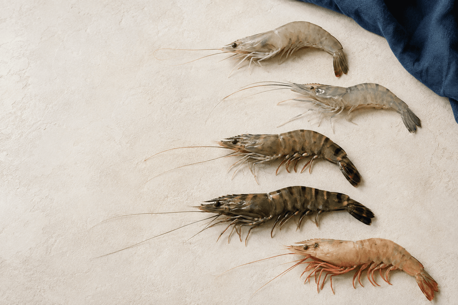 Whole prawns arranged side by side to compare varieties