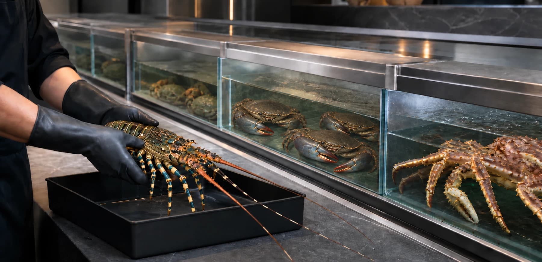 Black-gloved seafood specialist holding a tropical lobster beside three live mud crabs in the middle tank and an Alaskan king crab in the right tank